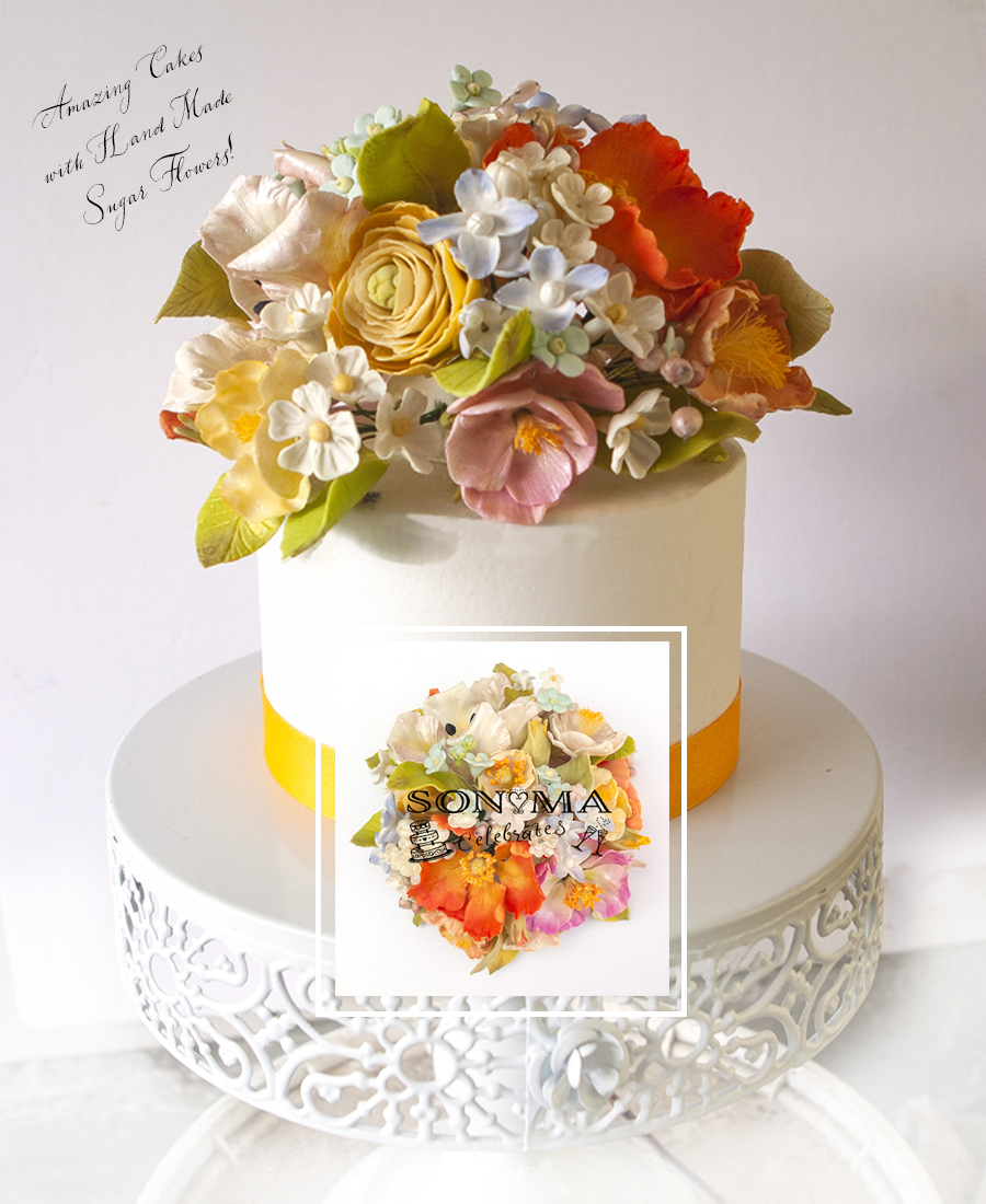Amazing delicious cakes with exquisite sugar flowers for weddings and special events from Sonoma Celebrates, owned by Irene Deem
