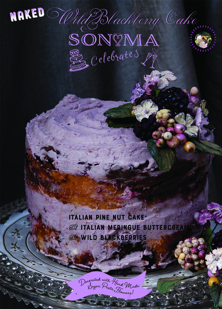 naked cake, almond blackberry, Italian meringue buttercream;