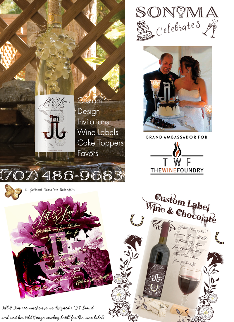 wedding services include custom
invitations, wine labels, cake toppers and wedding favors.