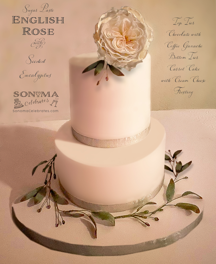 hand made sugar flower English Rose and Seeded Eucalyptus from Sonoma Celebrates